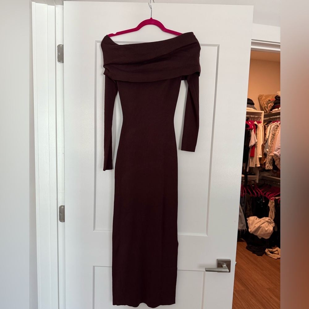 Missguided+ Off-Shoulder Long Sleeve Dress in Deep Burgundy